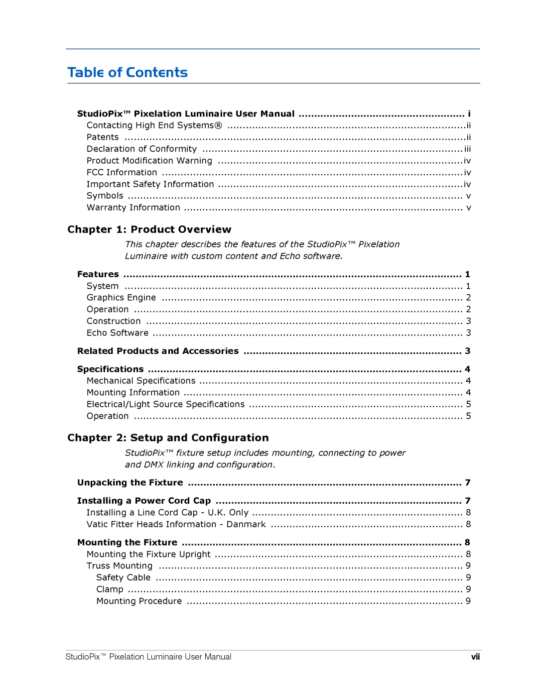 High End Systems Pixelation Luminaire user manual Table of Contents 