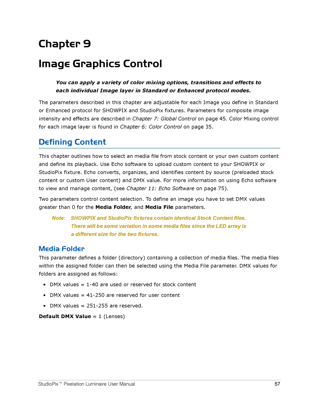 High End Systems Pixelation Luminaire user manual Chapter Image Graphics Control, Defining Content, Media Folder 