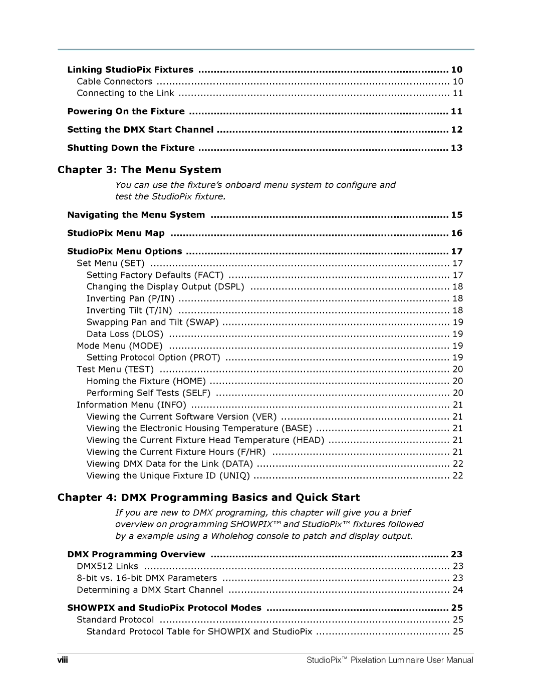 High End Systems Pixelation Luminaire user manual Menu System, Viii 