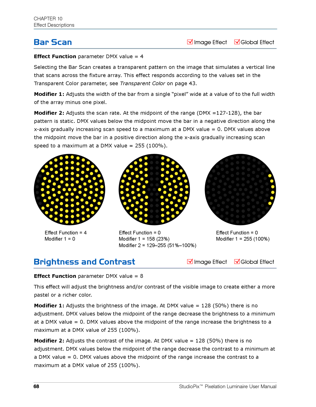 High End Systems Pixelation Luminaire user manual Bar Scan, Brightness and Contrast 