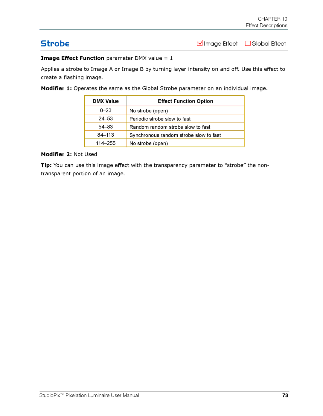 High End Systems Pixelation Luminaire user manual DMX Value Effect Function Option, Modifier 2 Not Used 