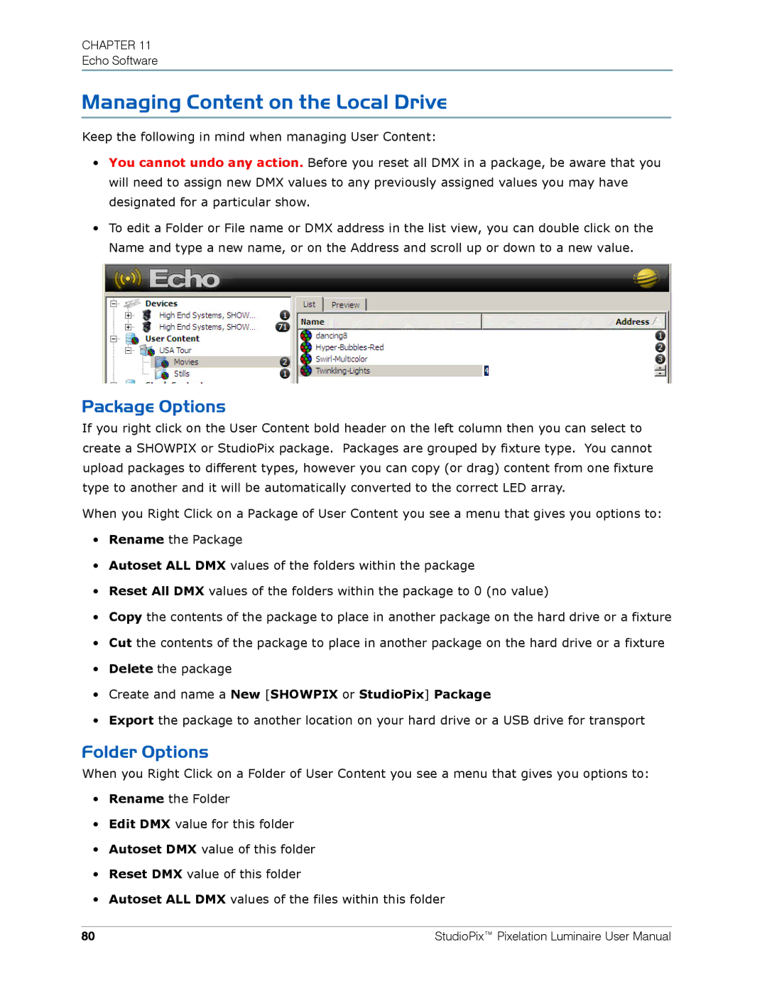 High End Systems Pixelation Luminaire user manual Managing Content on the Local Drive, Package Options, Folder Options 