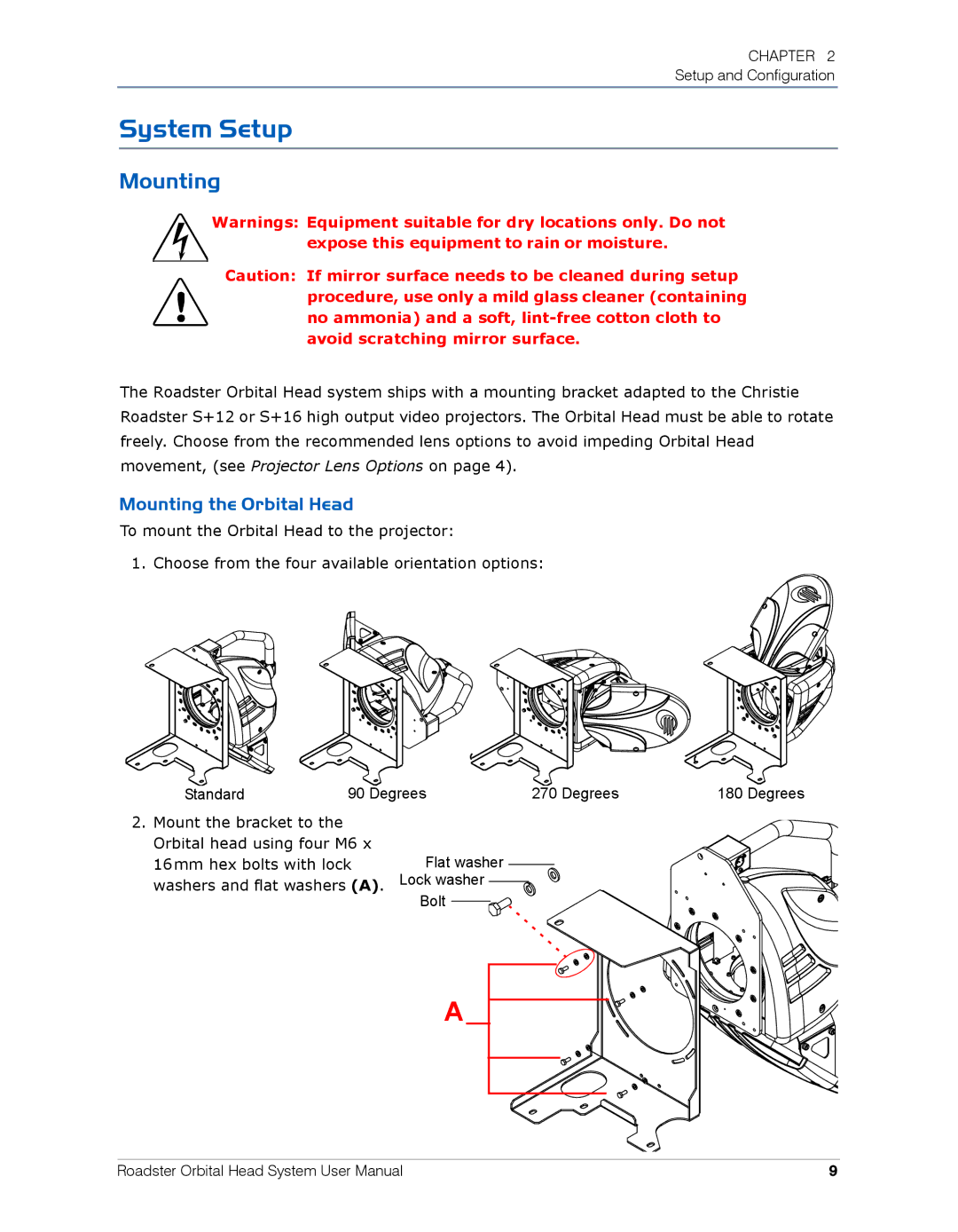 High End Systems Roadster Orbital Head System user manual System Setup, Mounting the Orbital Head 