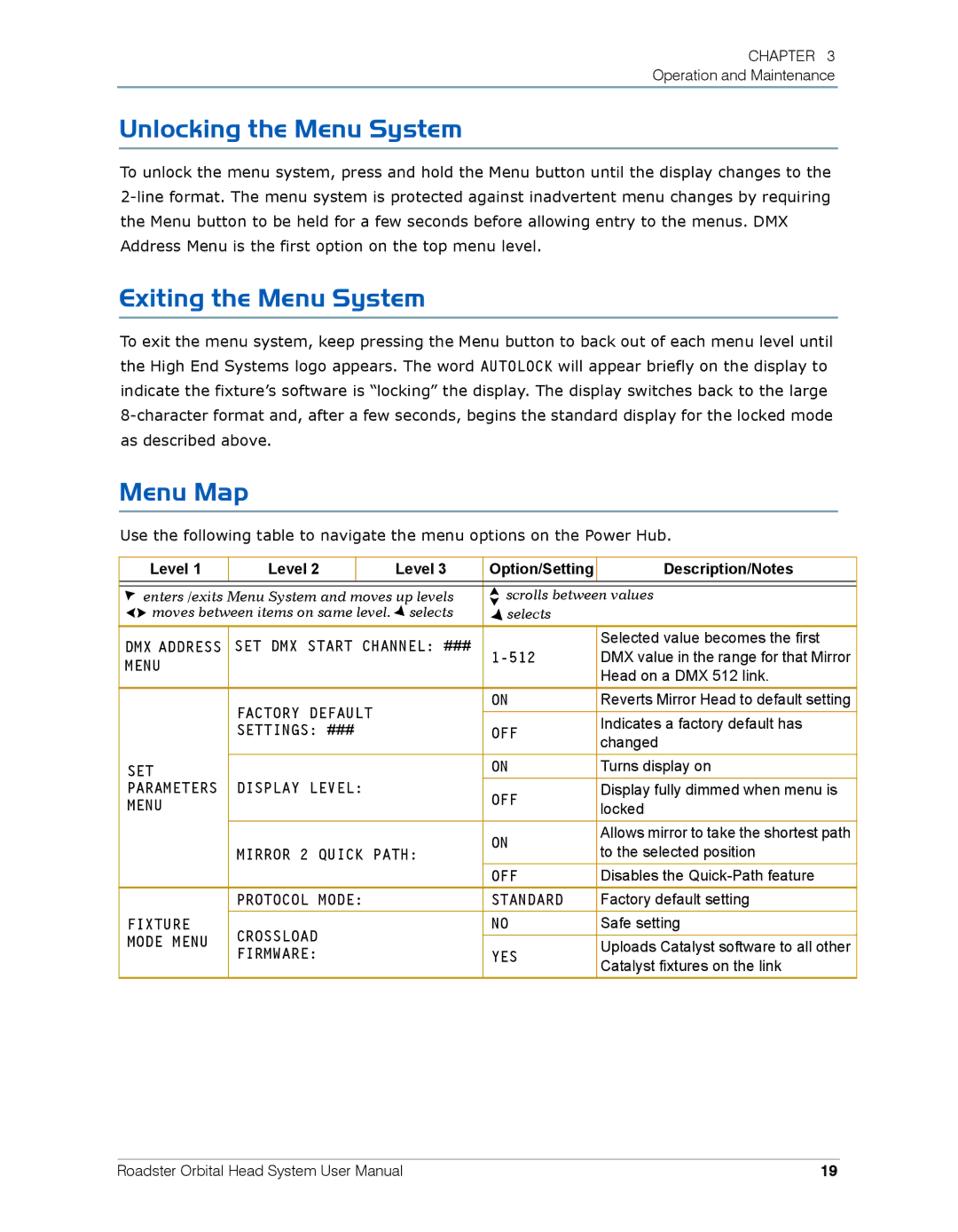 High End Systems Roadster Orbital Head System user manual Unlocking the Menu System, Exiting the Menu System, Menu Map 