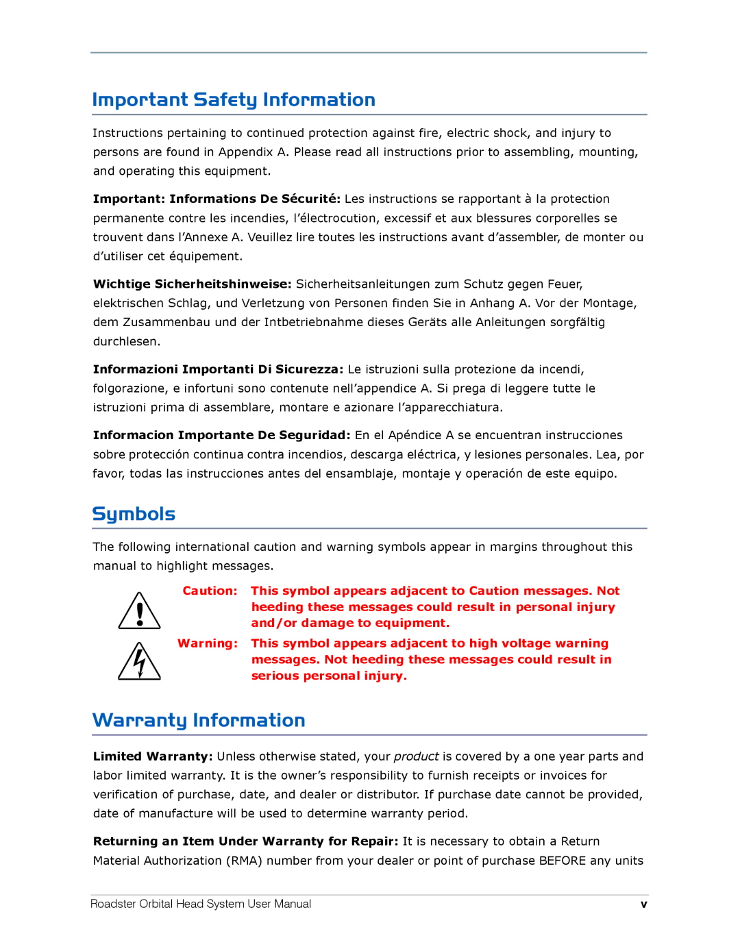 High End Systems Roadster Orbital Head System user manual Important Safety Information, Symbols, Warranty Information 