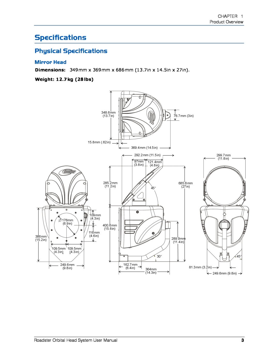 High End Systems Roadster Orbital Head System user manual Physical Specifications, Mirror Head 