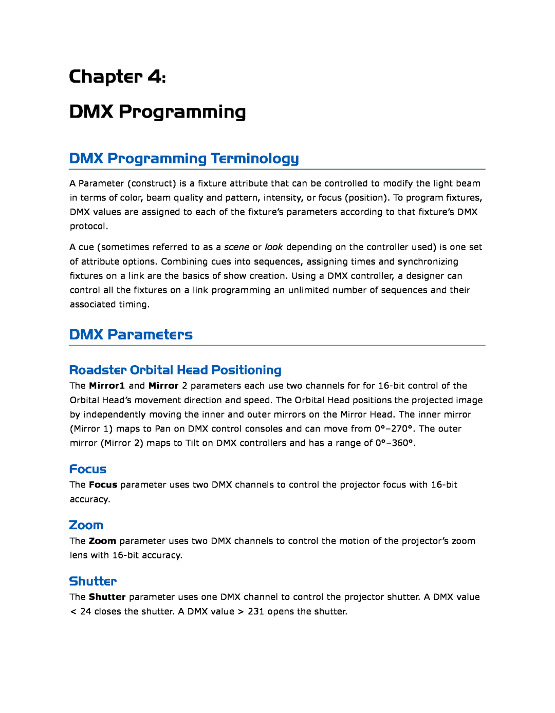 High End Systems Roadster Orbital Head System Chapter DMX Programming, DMX Programming Terminology, DMX Parameters, Focus 