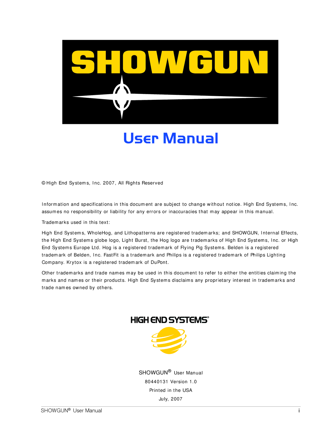 High End Systems SHOWGUN user manual High End Systems, Inc , All Rights Reserved 