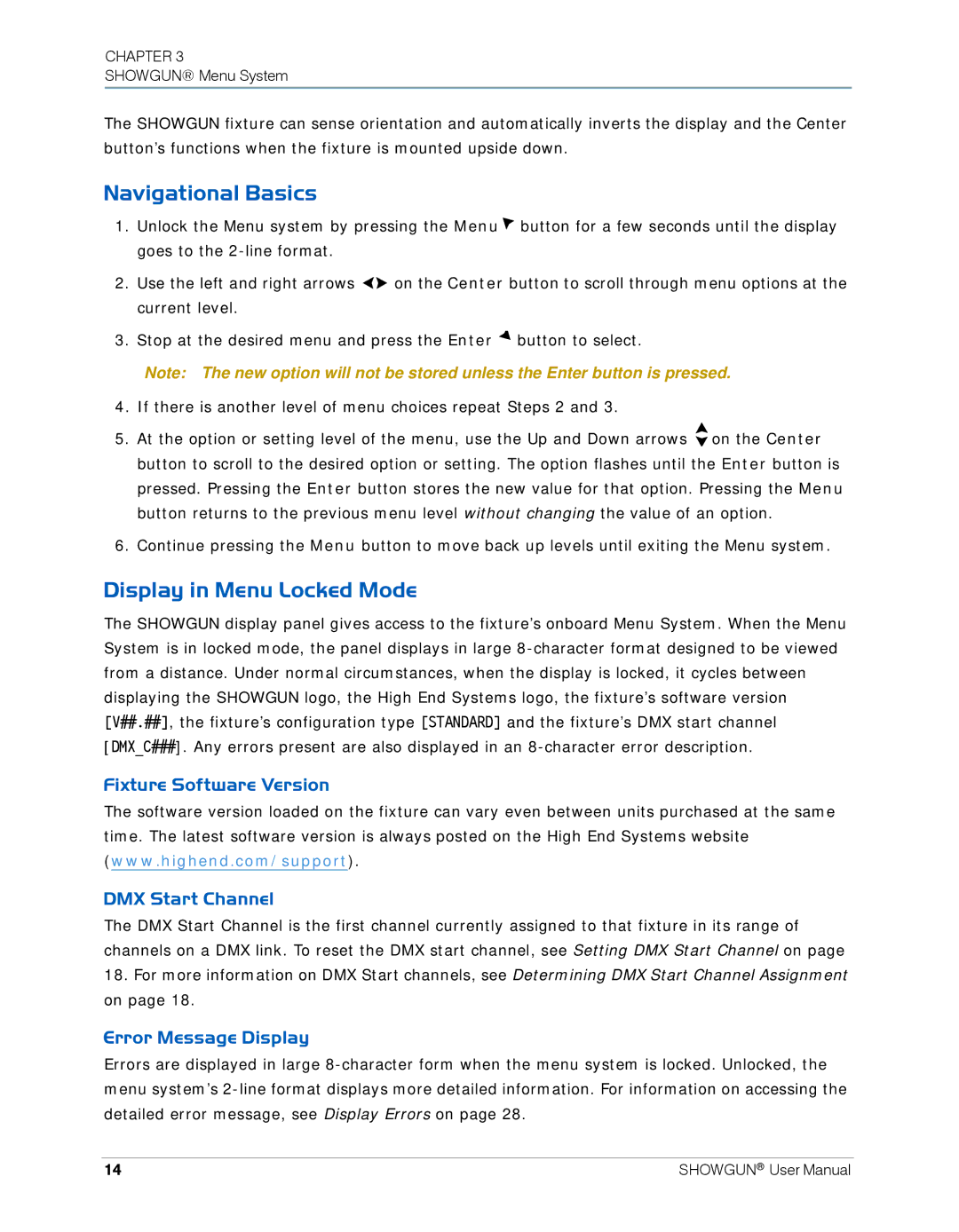 High End Systems SHOWGUN Navigational Basics, Display in Menu Locked Mode, Fixture Software Version DMX Start Channel 