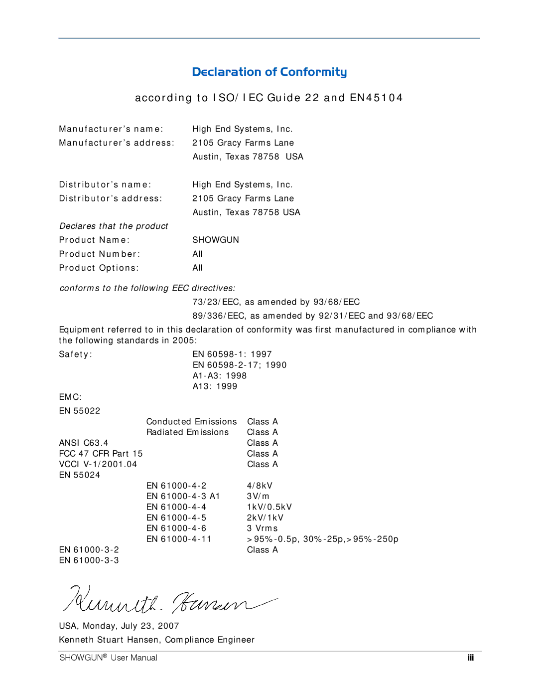 High End Systems SHOWGUN user manual Declaration of Conformity, According to ISO/IEC Guide 22 and EN45104 