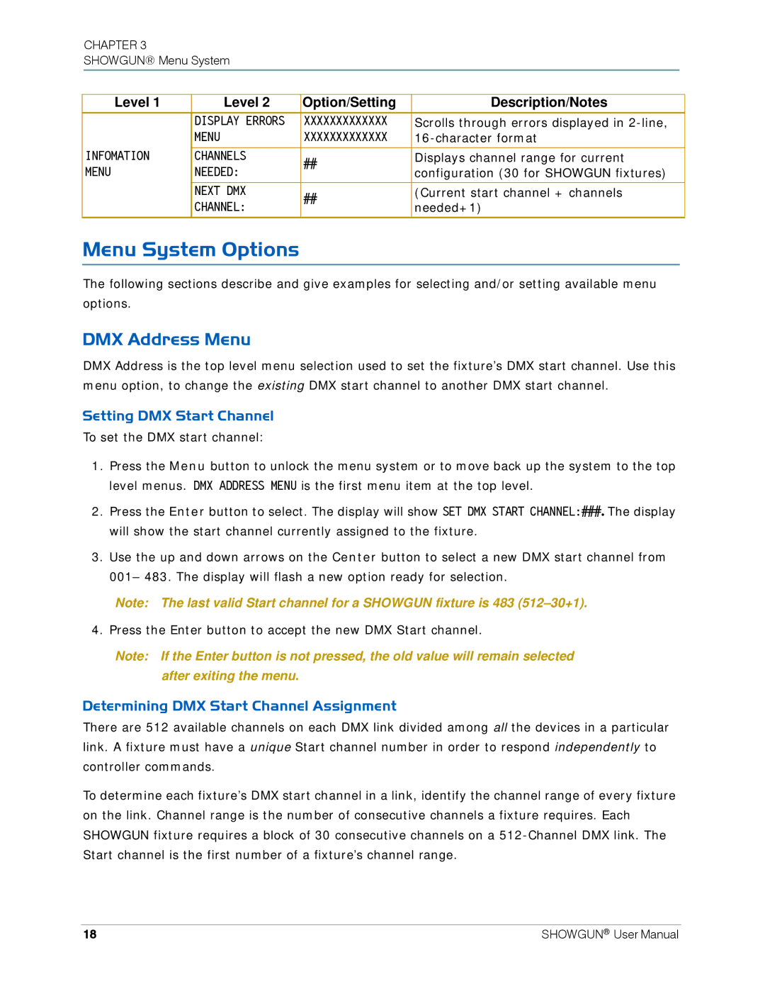 High End Systems SHOWGUN user manual Menu System Options, DMX Address Menu, Setting DMX Start Channel 