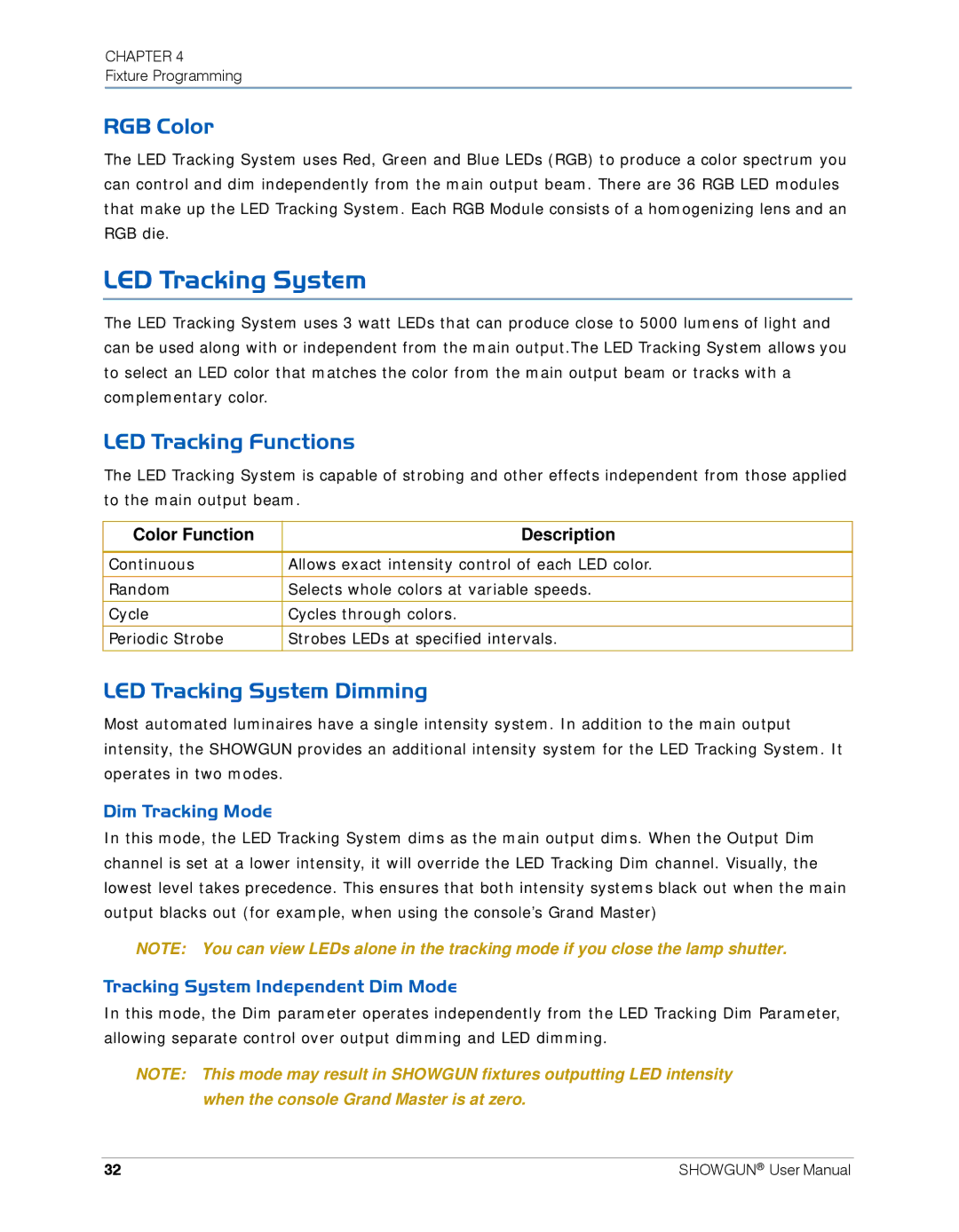 High End Systems SHOWGUN user manual RGB Color, LED Tracking Functions, LED Tracking System Dimming 
