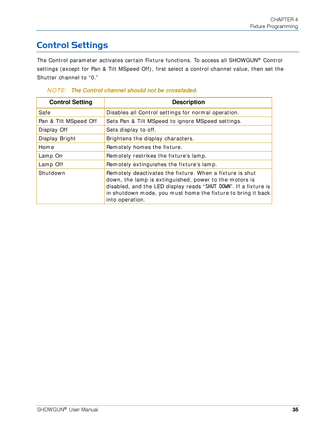 High End Systems SHOWGUN user manual Control Settings, Control Setting Description 