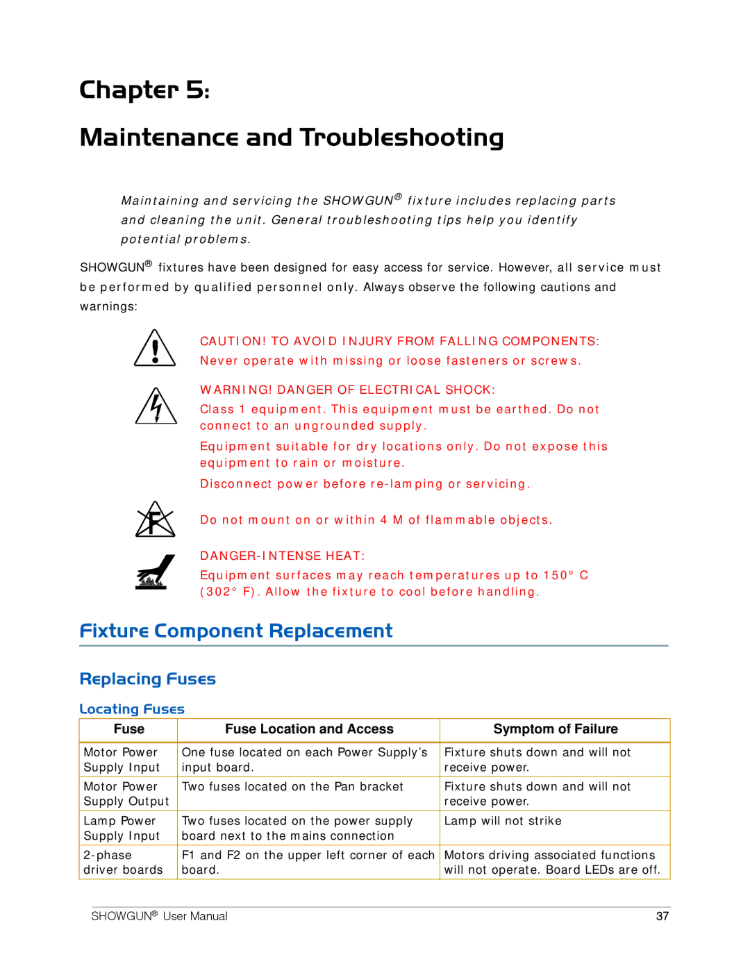 High End Systems SHOWGUN Chapter Maintenance and Troubleshooting, Fixture Component Replacement, Replacing Fuses 