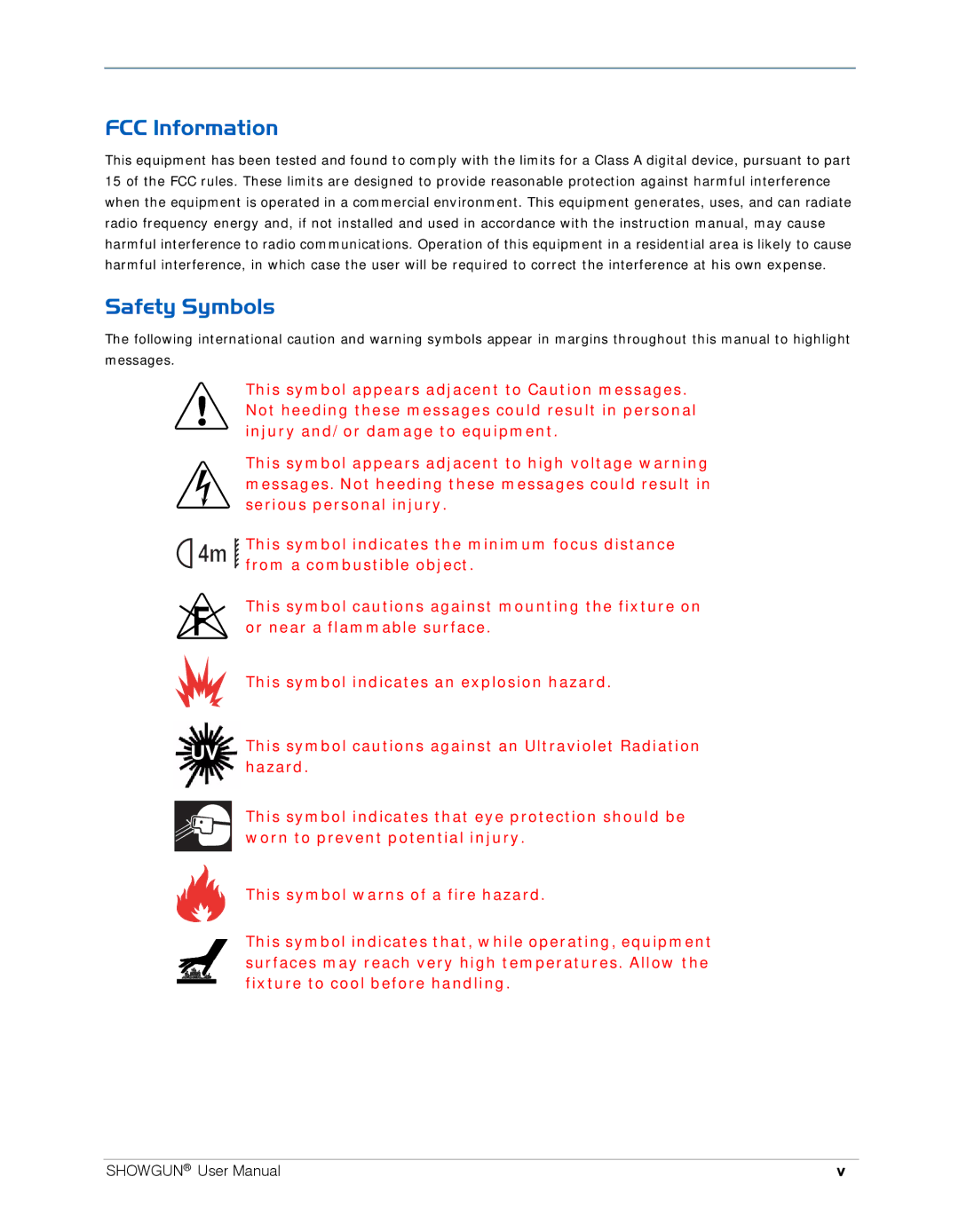 High End Systems SHOWGUN user manual FCC Information Safety Symbols, Injury and/or damage to equipment 