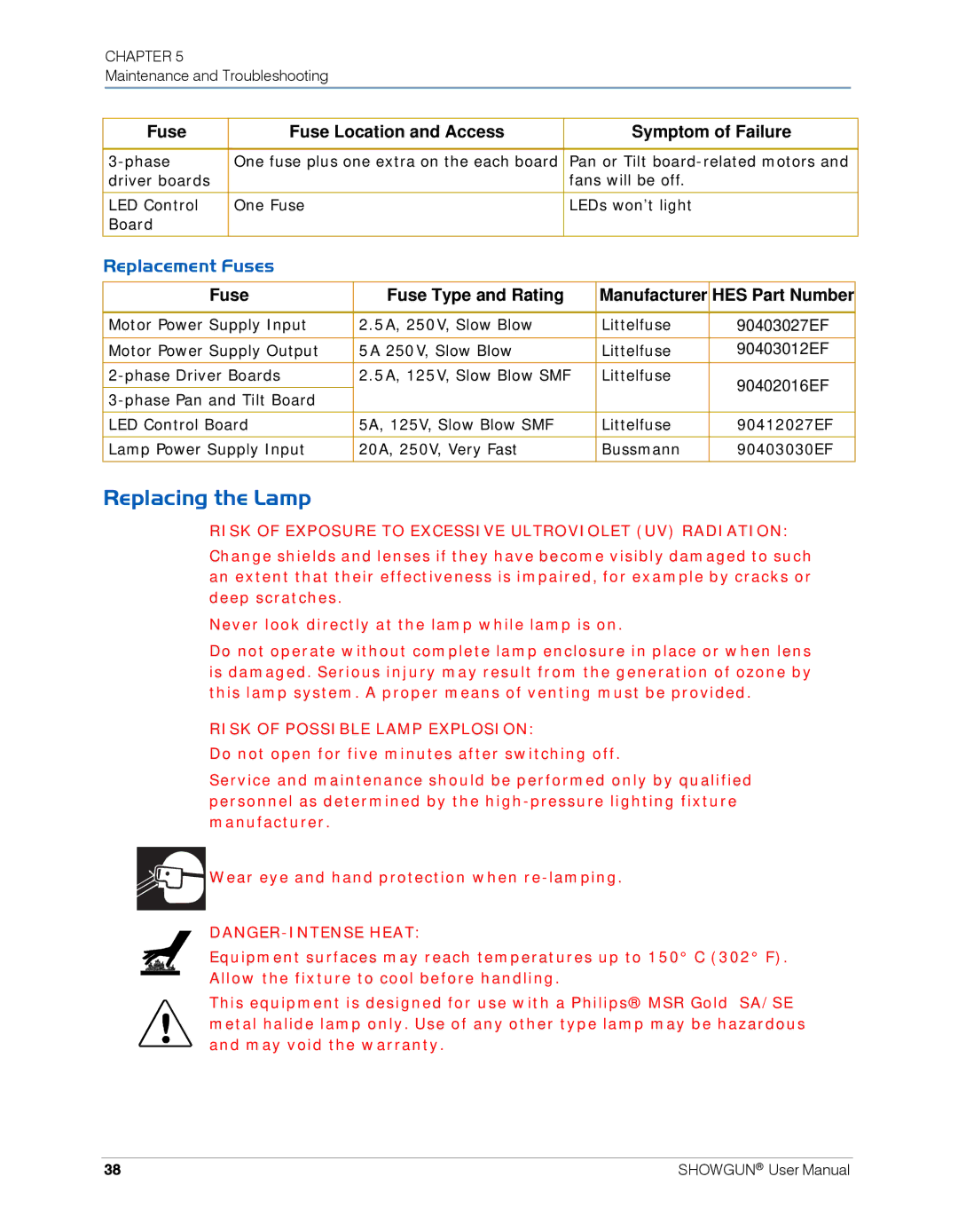High End Systems SHOWGUN Replacing the Lamp, Replacement Fuses, Fuse Fuse Type and Rating Manufacturer HES Part Number 