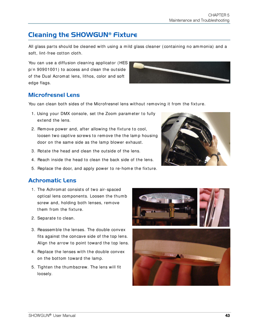 High End Systems SHOWGUN user manual Cleaning the Showgun Fixture, Microfresnel Lens, Achromatic Lens 