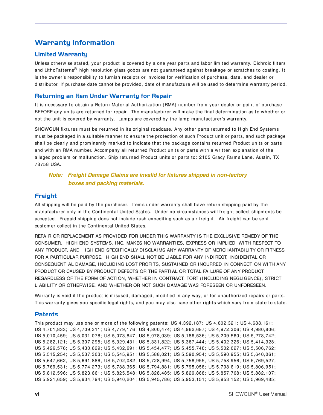High End Systems SHOWGUN Warranty Information, Limited Warranty, Returning an Item Under Warranty for Repair, Freight 