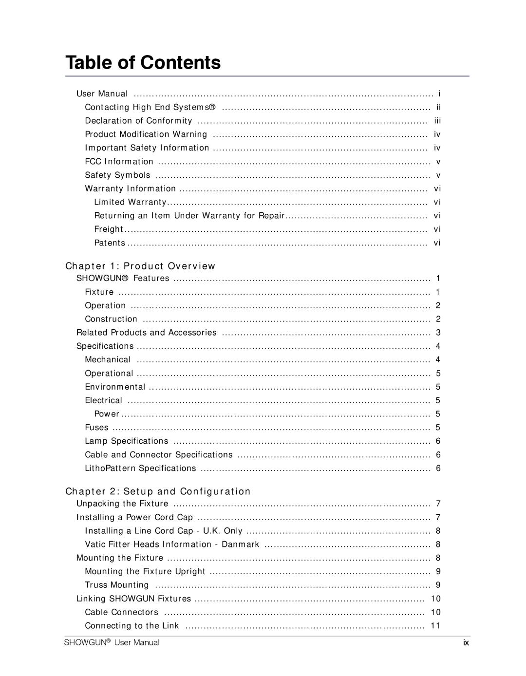 High End Systems SHOWGUN user manual Table of Contents 