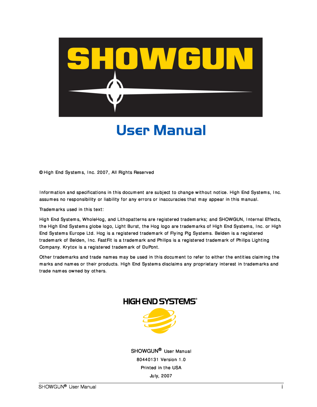 High End Systems SHOWGUN user manual 