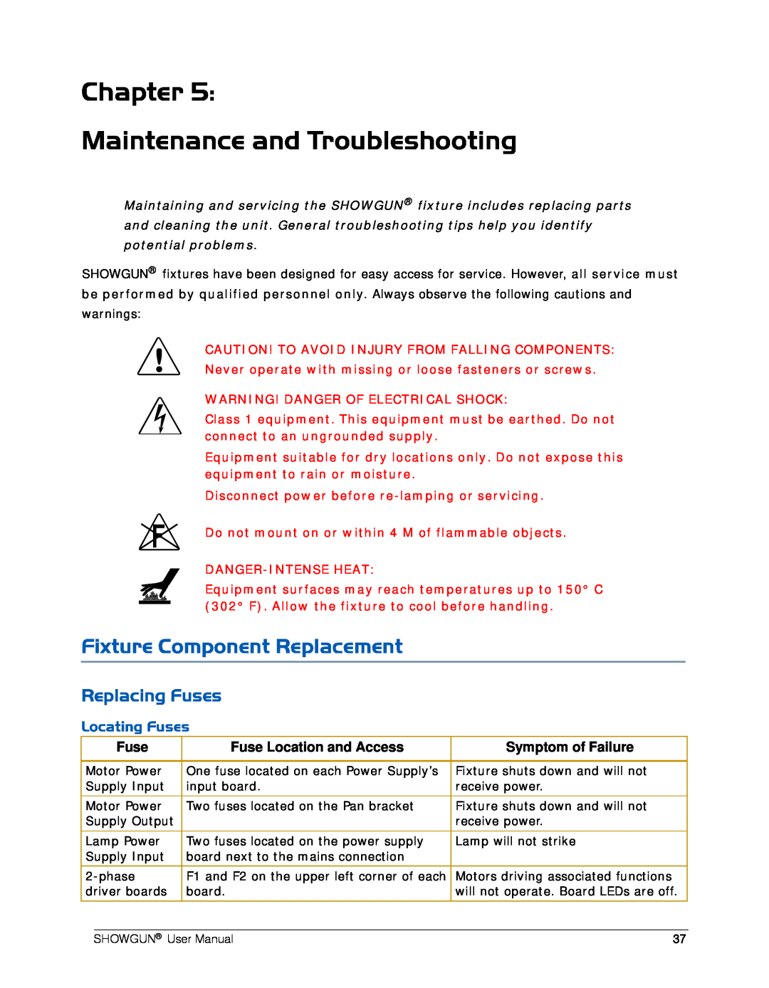 High End Systems SHOWGUN Chapter Maintenance and Troubleshooting, Fixture Component Replacement, Replacing Fuses 