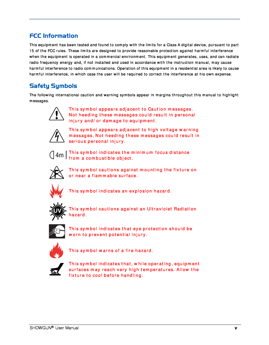 High End Systems SHOWGUN user manual FCC Information, Safety Symbols 