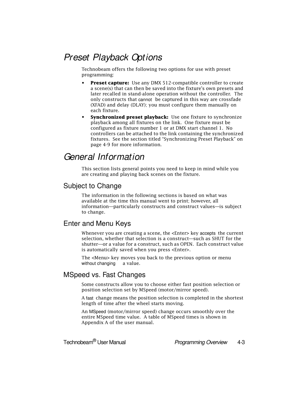 High End Systems Technobeam manual Preset Playback Options, General Information, Subject to Change, Enter and Menu Keys 