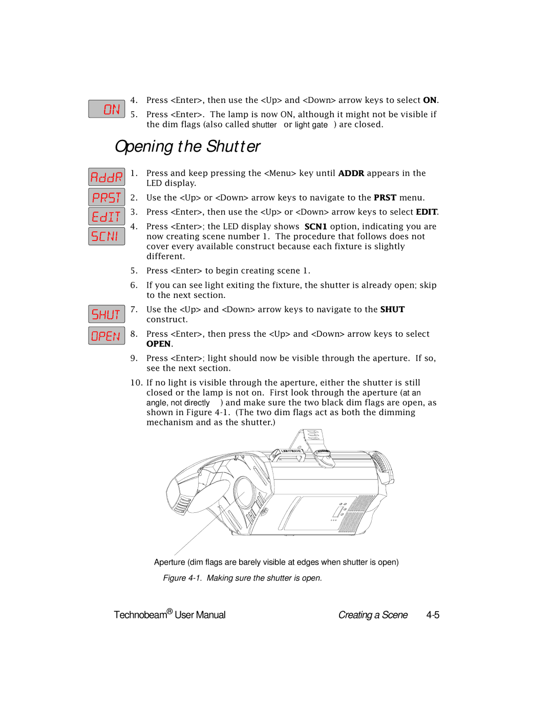 High End Systems Technobeam manual Opening the Shutter, Making sure the shutter is open 