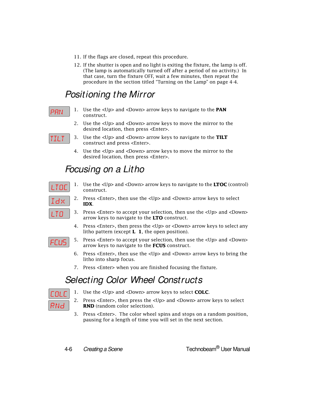 High End Systems Technobeam manual Positioning the Mirror, Focusing on a Litho, Selecting Color Wheel Constructs 