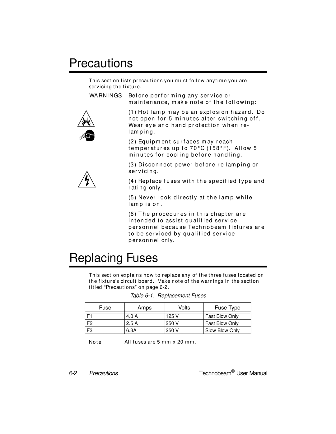 High End Systems Technobeam manual Precautions, Replacing Fuses 