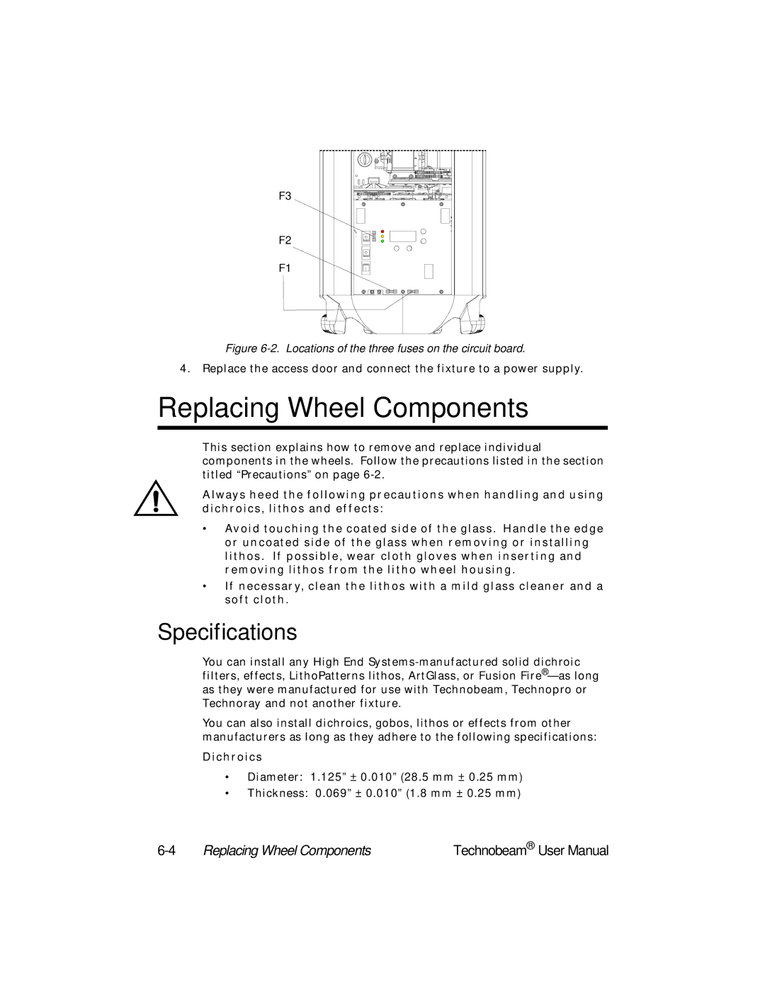 High End Systems Technobeam manual Replacing Wheel Components, Specifications 