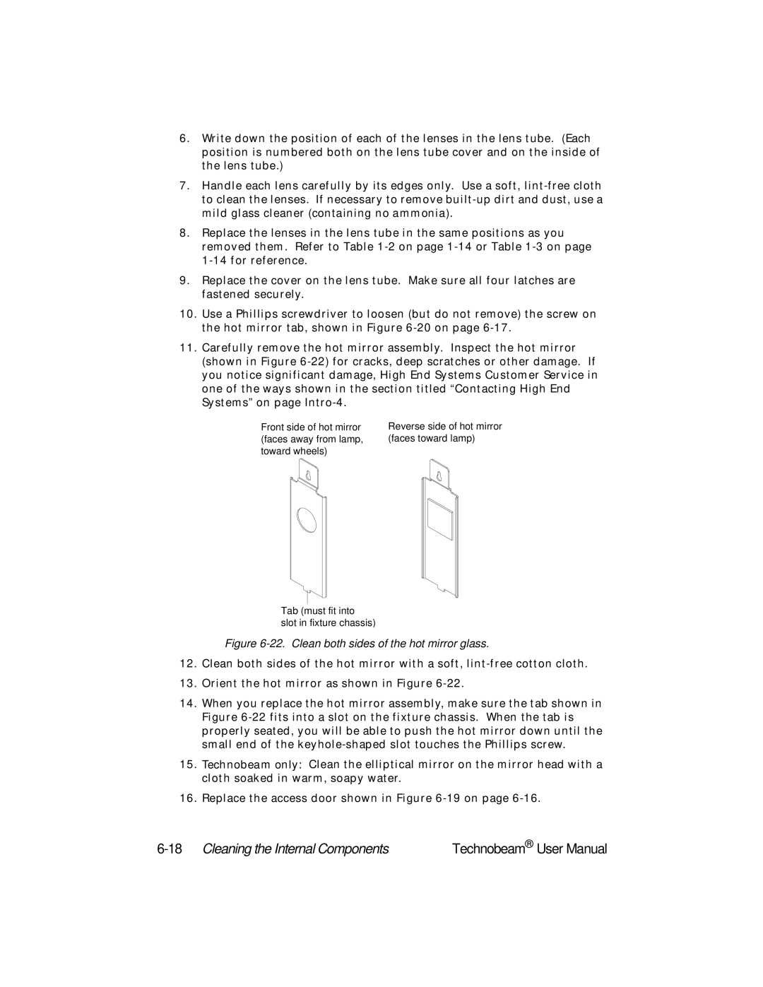 High End Systems Technobeam manual 18Cleaning the Internal Components, Clean both sides of the hot mirror glass 