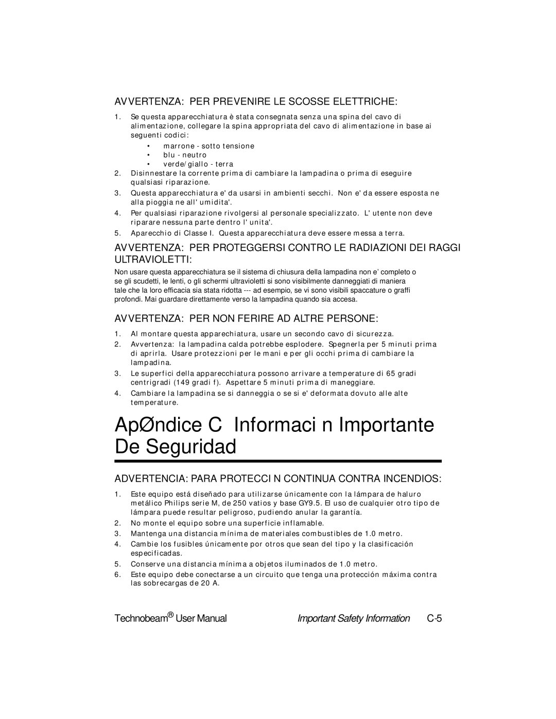 High End Systems Technobeam Apéndice C Información Importante De Seguridad, Avvertenza PER Prevenire LE Scosse Elettriche 