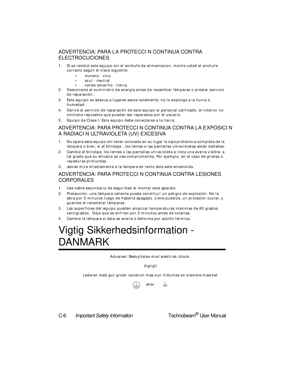 High End Systems Technobeam manual Vigtig Sikkerhedsinformation, Danmark 