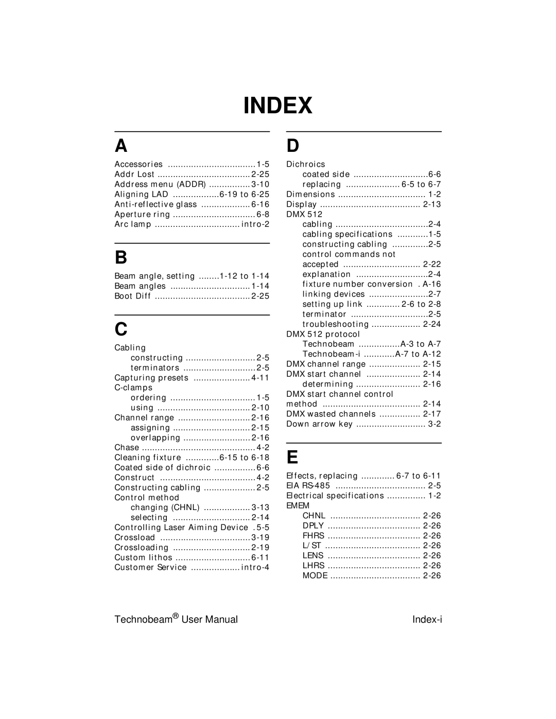 High End Systems Technobeam manual Index 