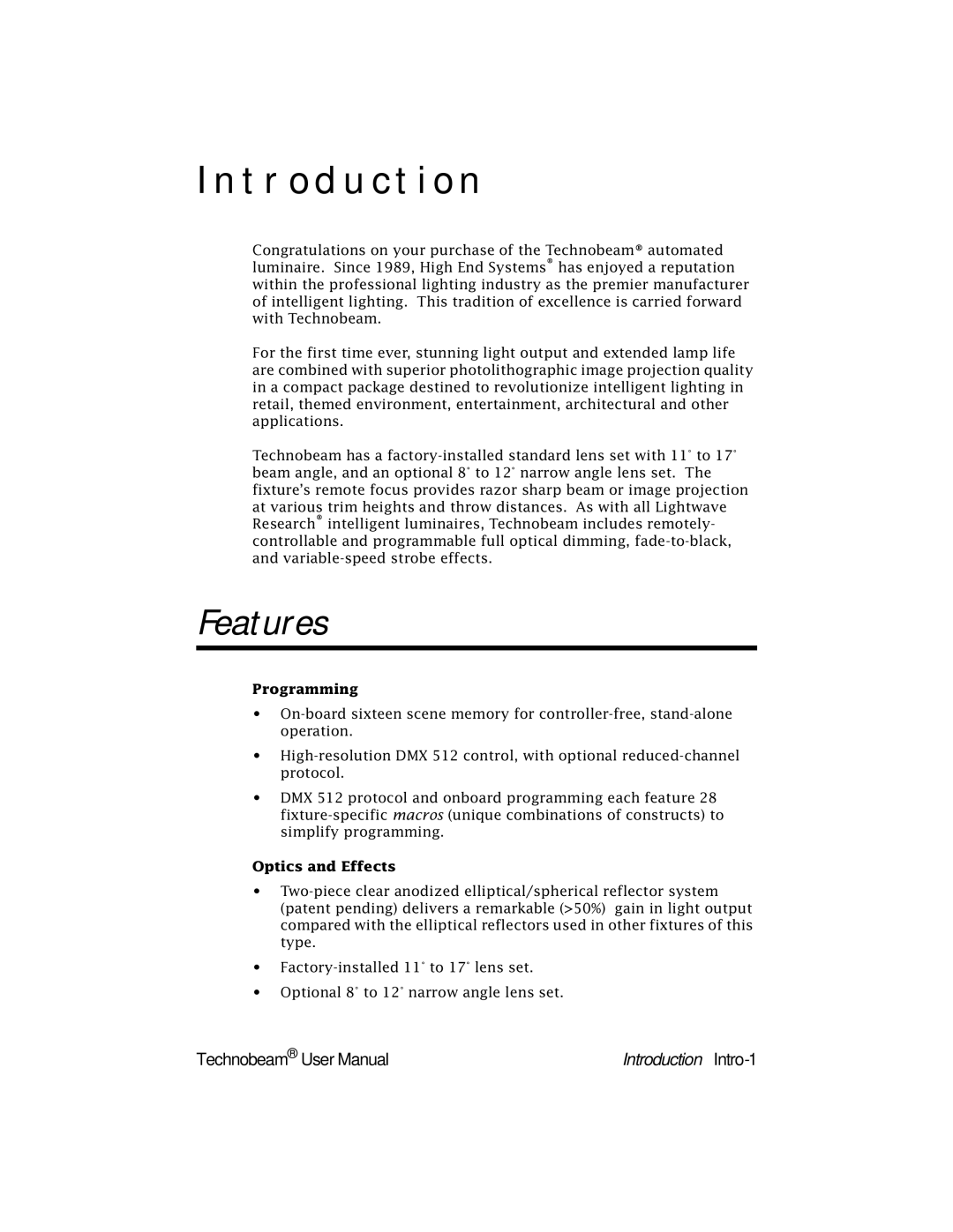 High End Systems Technobeam manual Introduction, Features 