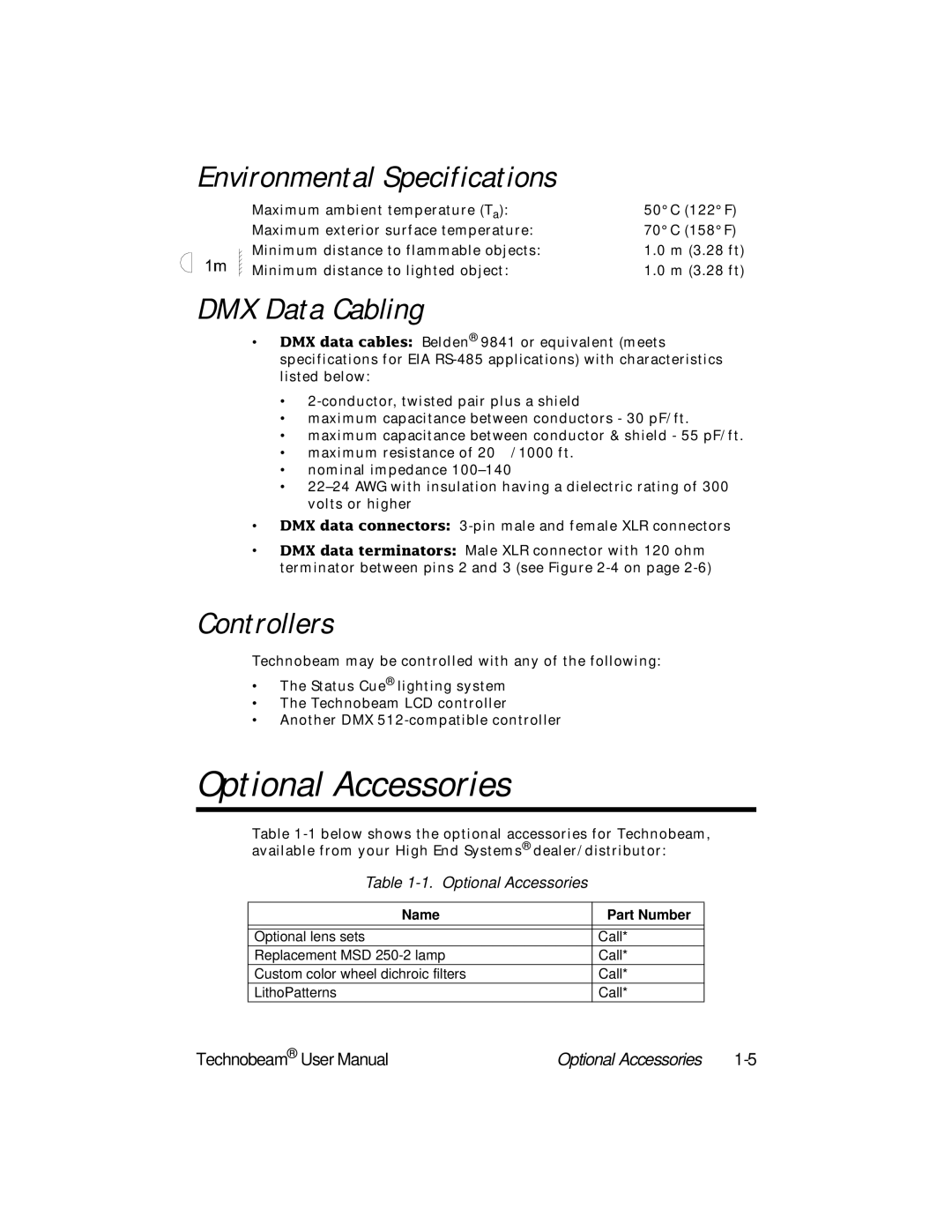 High End Systems Technobeam manual Optional Accessories, Environmental Specifications, DMX Data Cabling, Controllers 