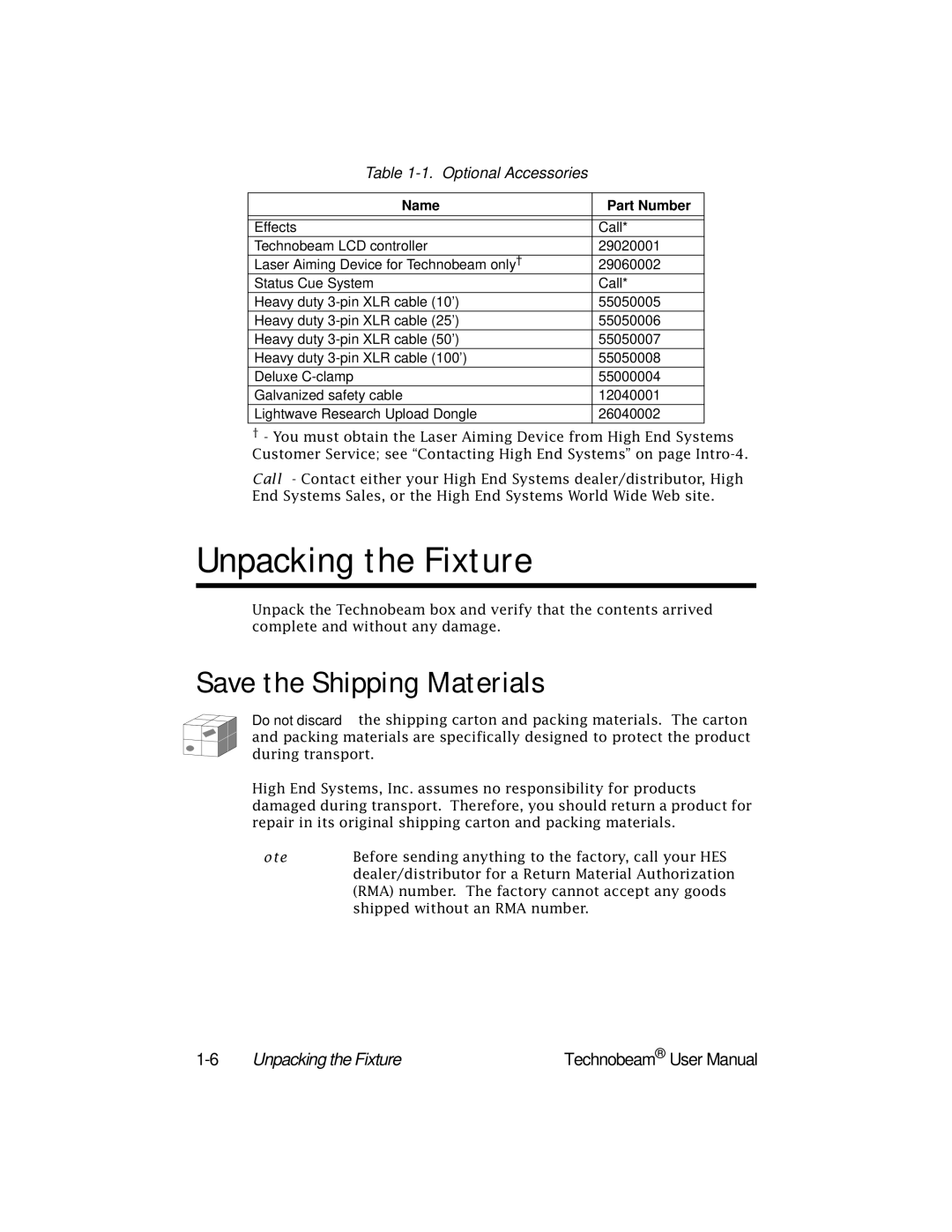 High End Systems Technobeam manual Unpacking the Fixture, Save the Shipping Materials 