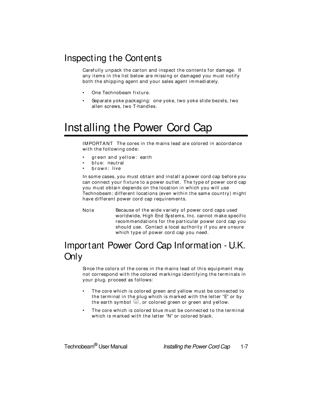 High End Systems Technobeam manual Installing the Power Cord Cap, Inspecting the Contents 