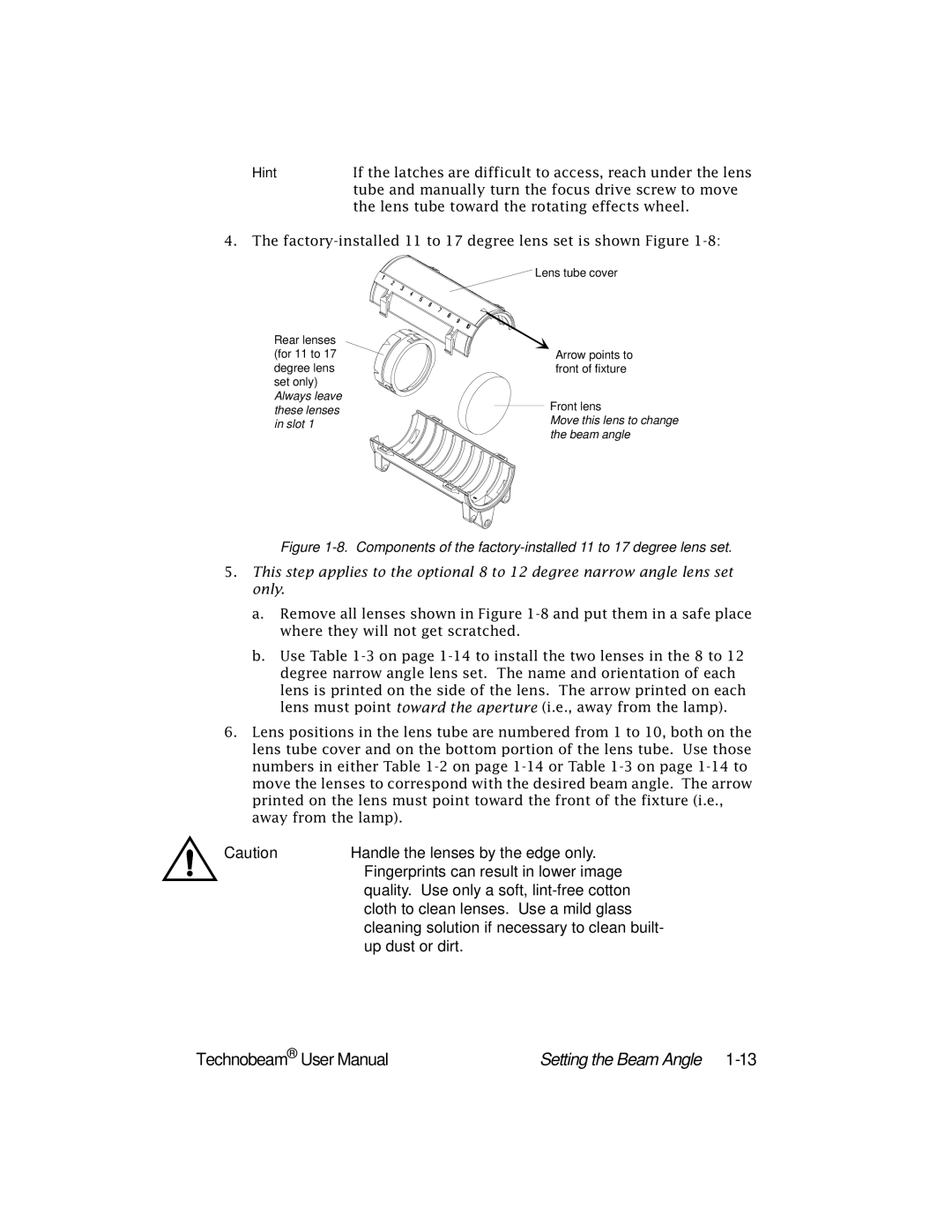 High End Systems Technobeam manual Setting the Beam Angle, Hint 