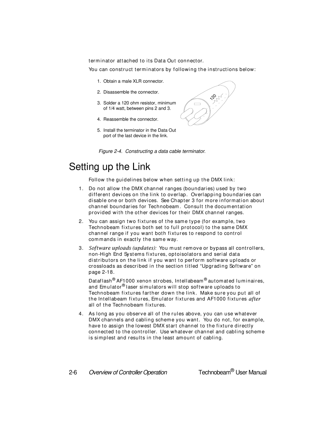 High End Systems Technobeam manual Setting up the Link, Constructing a data cable terminator 