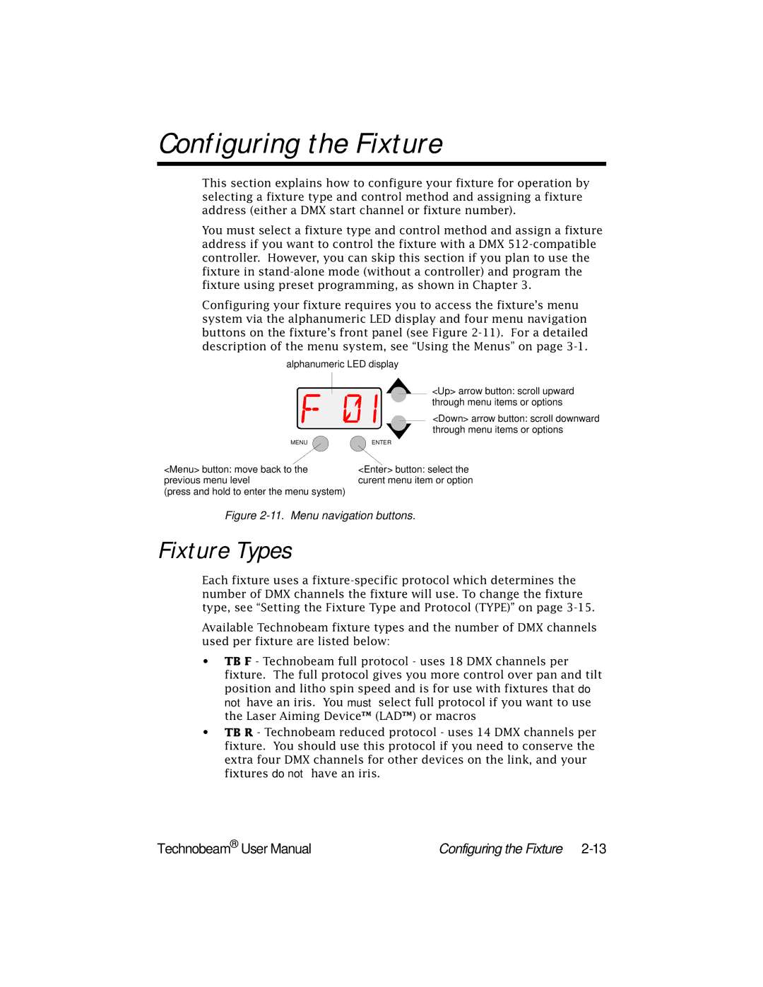 High End Systems Technobeam manual Configuring the Fixture, Fixture Types 