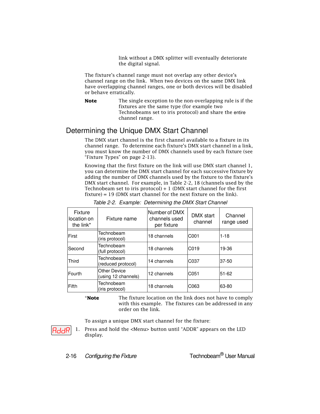 High End Systems Technobeam manual Determining the Unique DMX Start Channel, 16Configuring the Fixture 