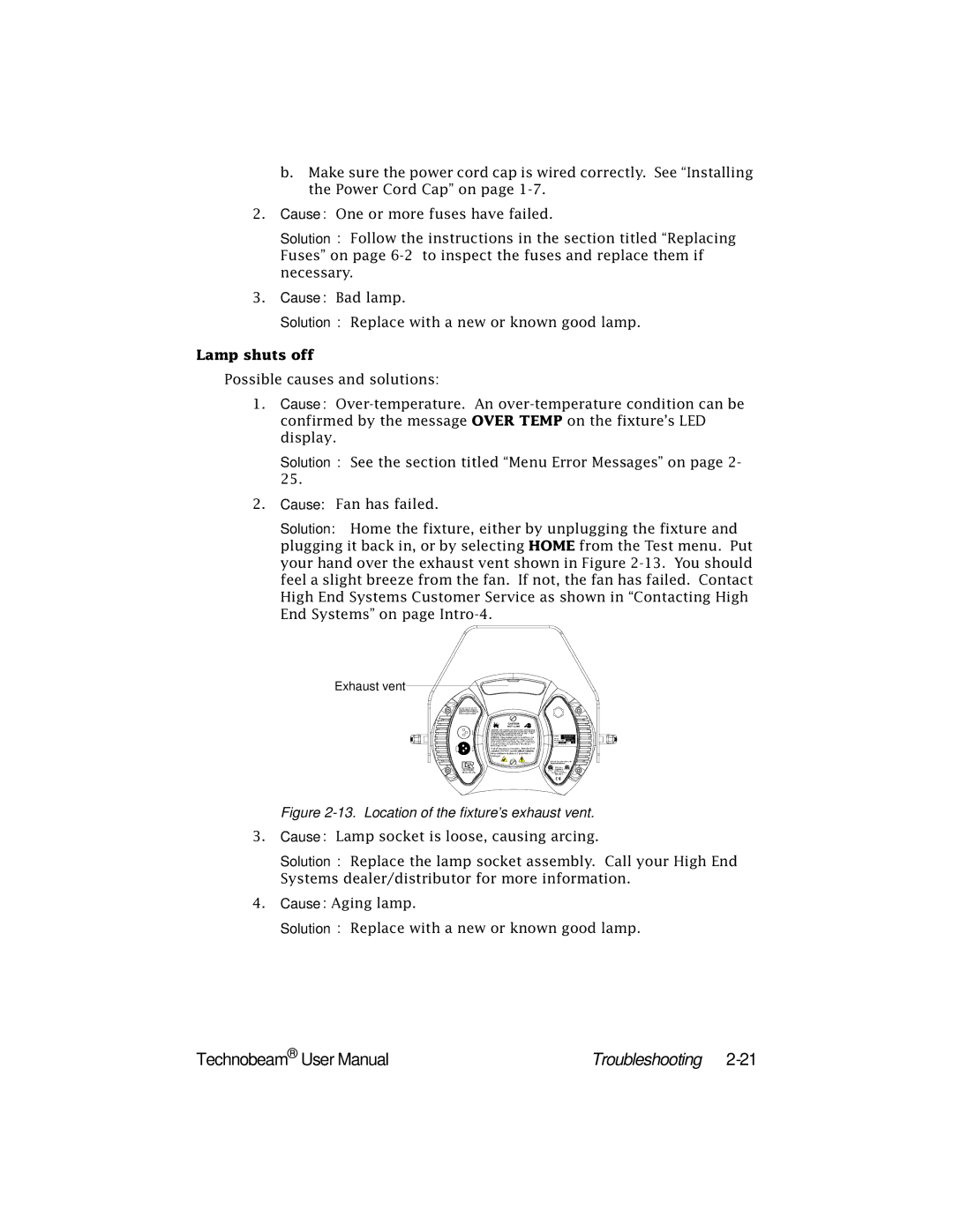 High End Systems Technobeam manual Troubleshooting, Lamp shuts off 