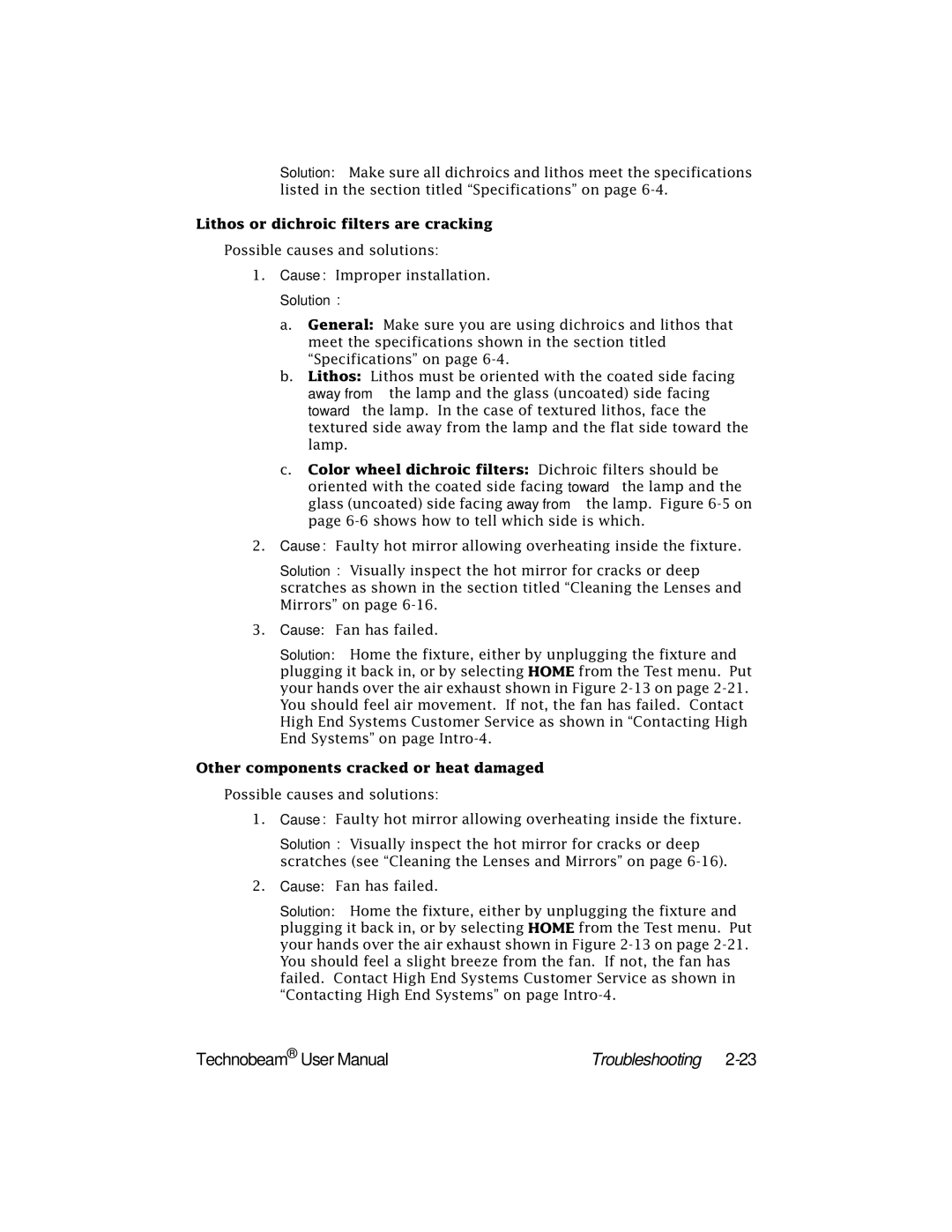 High End Systems Technobeam manual Lithos or dichroic filters are cracking 