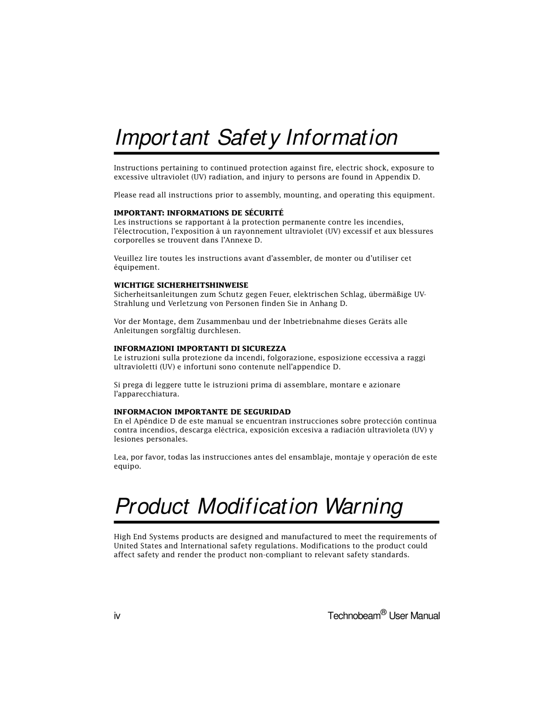 High End Systems Technobeam manual Important Safety Information 