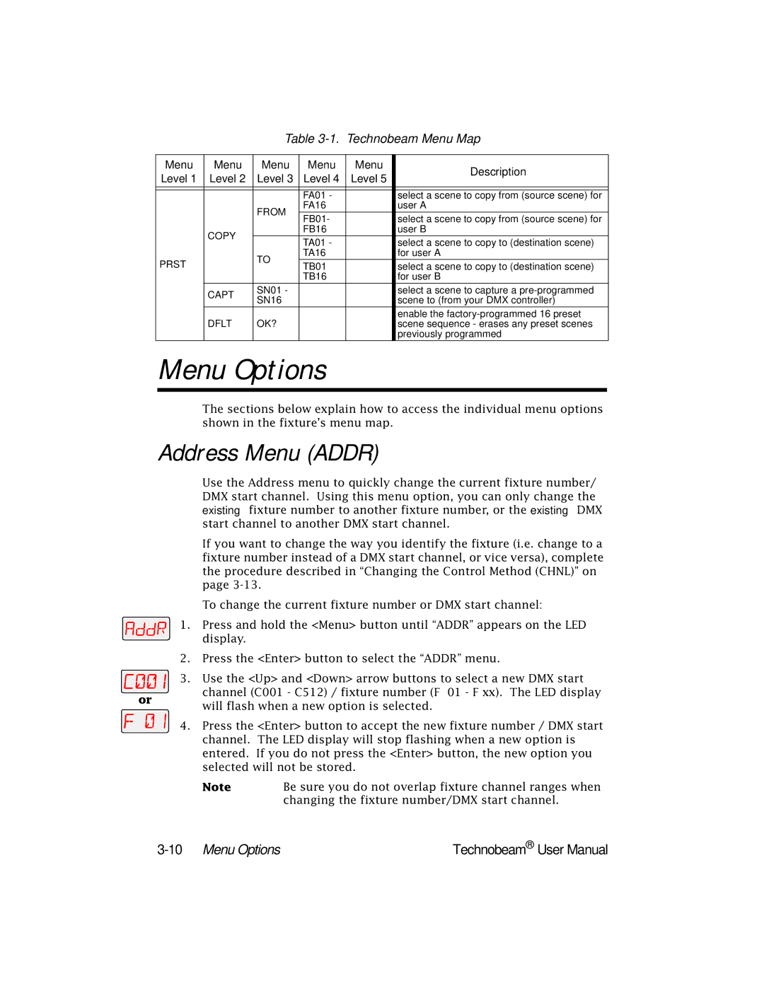 High End Systems Technobeam manual Address Menu Addr, 10Menu Options 