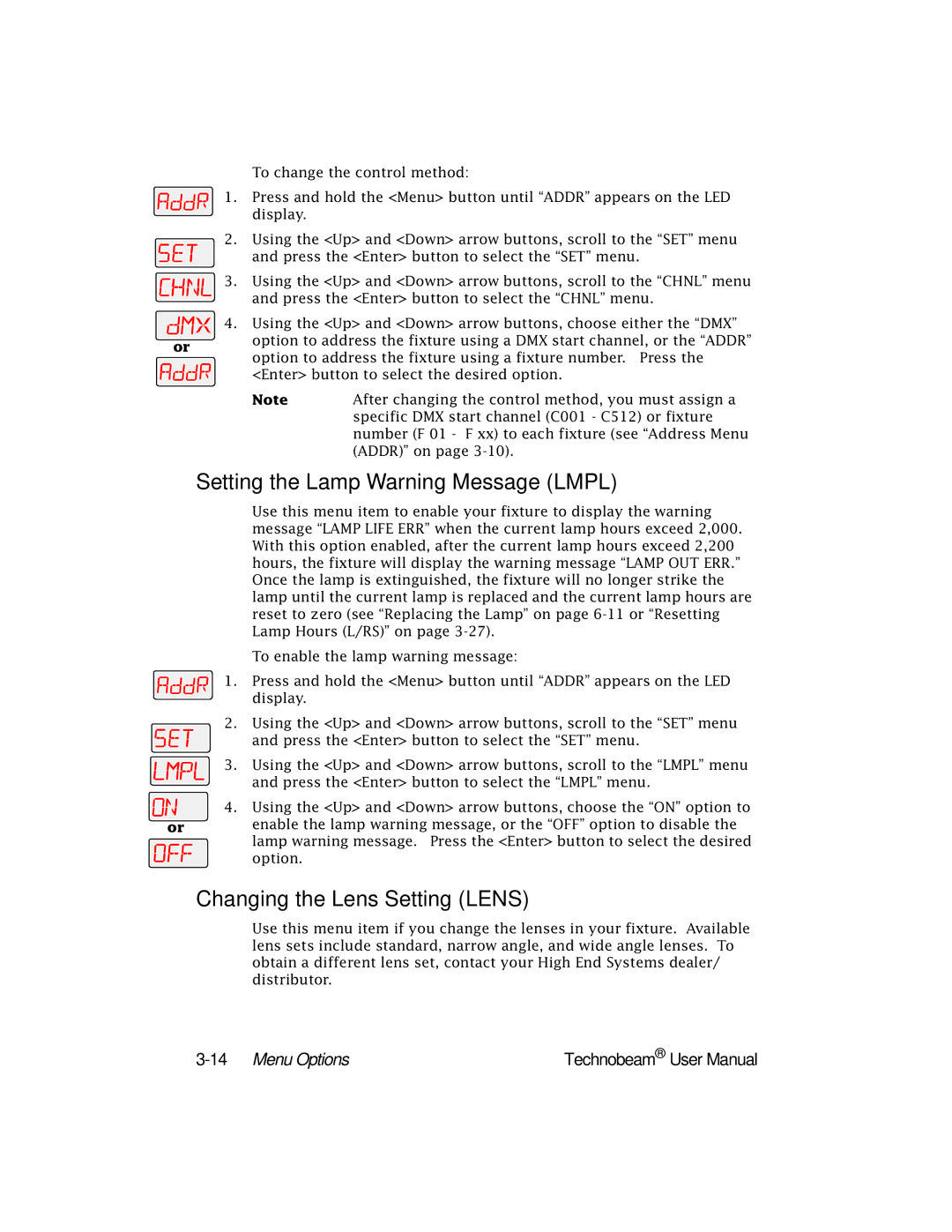 High End Systems Technobeam manual Setting the Lamp Warning Message Lmpl, Changing the Lens Setting Lens, 14Menu Options 