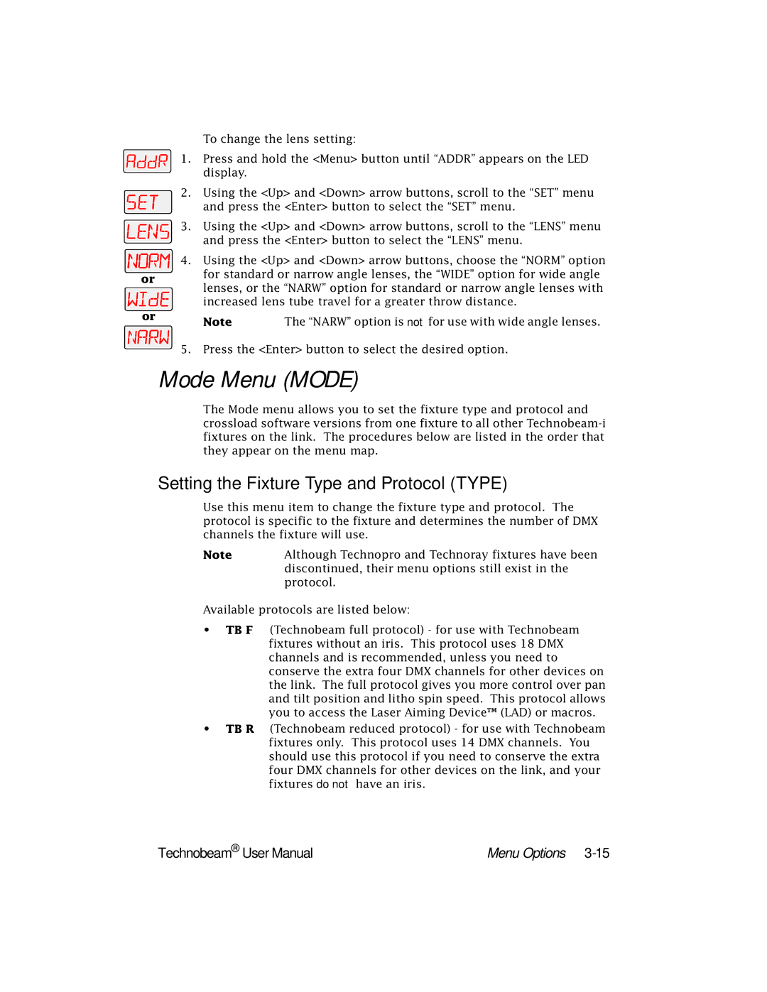 High End Systems Technobeam manual Mode Menu Mode, Setting the Fixture Type and Protocol Type 