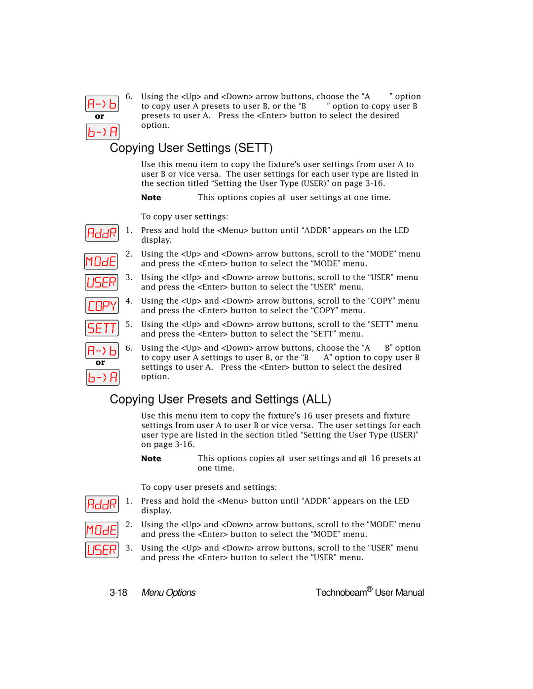 High End Systems Technobeam manual Copying User Settings Sett, Copying User Presets and Settings ALL, 18Menu Options 